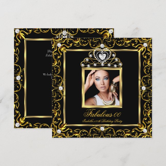 Fabulous Birthday Party Black Gold Tiara Invitation (Front/Back)