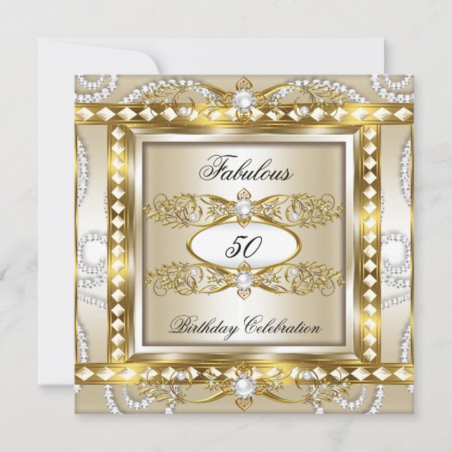 Fabulous Birthday Party Cream Diamond Pearl Gold Invitation (Front)
