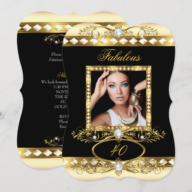 Fabulous Birthday Party Cream Pearl Gold Photo Invitation (Front/Back)