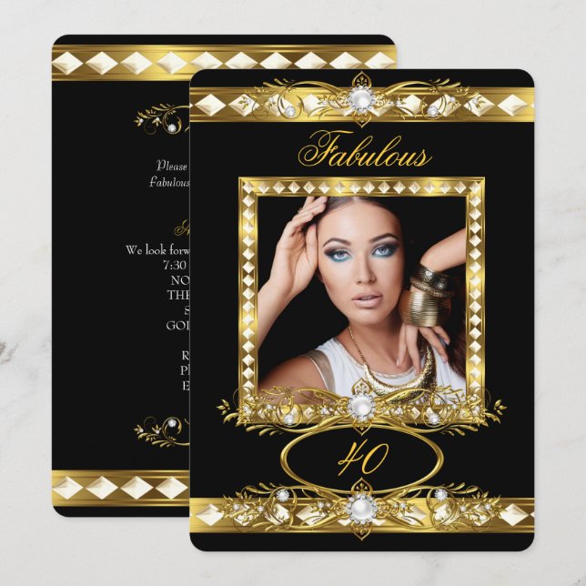 Fabulous Birthday Party Pearl Black Gold Photo 2 Invitation (Front/Back)