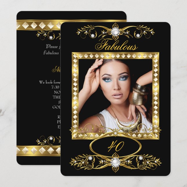 Fabulous Birthday Party Pearl Black Gold Photo Invitation (Front/Back)
