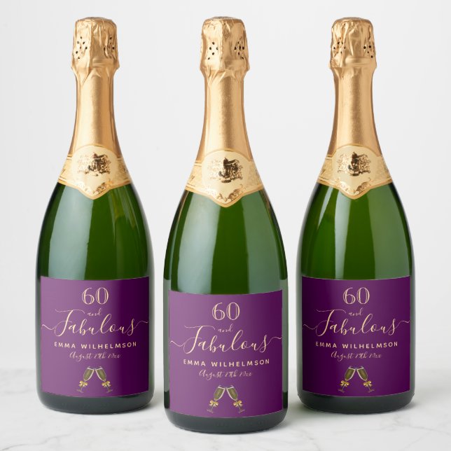 Fabulous birthday party purple gold glam sparkling wine label (Bottles)