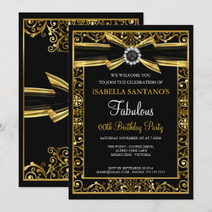 Fabulous Birthday Pearl Gold Lace Bow Black Invite