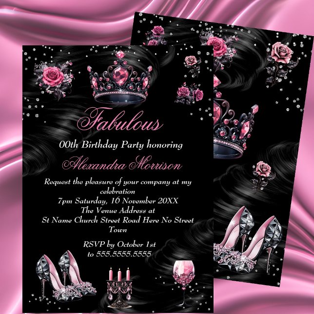 Fabulous birthday Pink Silver Black Tiara Heels Invitation (Creator Uploaded)
