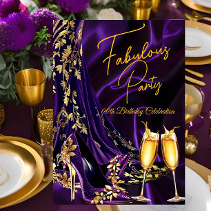 Fabulous Birthday Purple Gold Heels Champagne Invitation