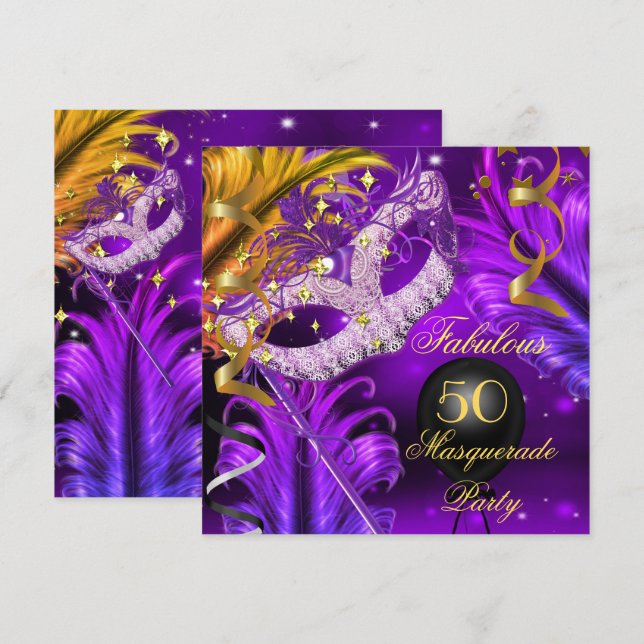 Fabulous Birthday Purple Gold Masquerade Party 2 Invitation (Front/Back)