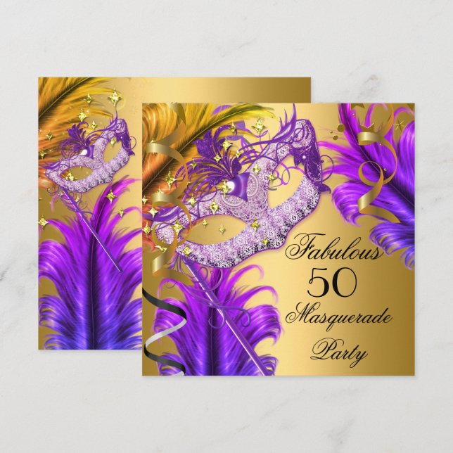 Fabulous Birthday Purple Gold Masquerade Party 3 Invitation (Front/Back)