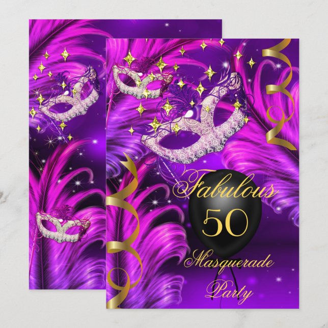 Fabulous Birthday Purple pink Masquerade mask Invitation (Front/Back)