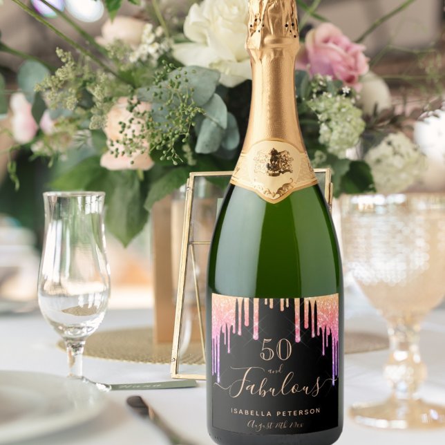Fabulous birthday rainbow glitter black sparkle sparkling wine label (Creator Uploaded)