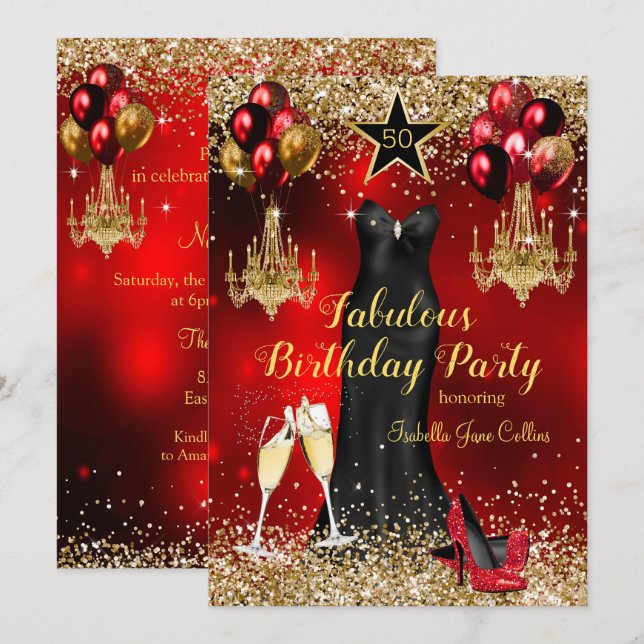 Fabulous Birthday Red Celebration Star heels dress Invitation (Front/Back)