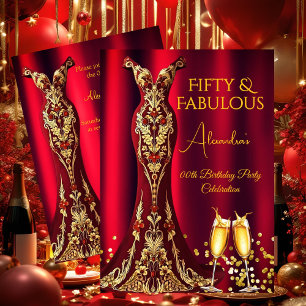 Fabulous Birthday Red Gems Gold Dress Champagne Invitation