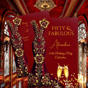 Fabulous Birthday Red Gems Gold Dress Champagne Invitation