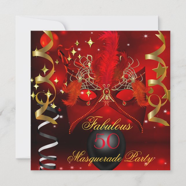 Fabulous Birthday Red Gold Masquerade Party Invitation (Front)