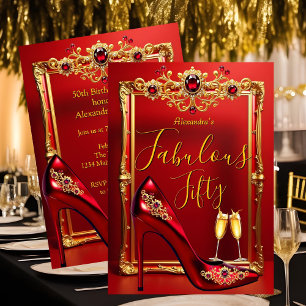 Fabulous Birthday Red Jewels Heel Champagne Gold Invitation