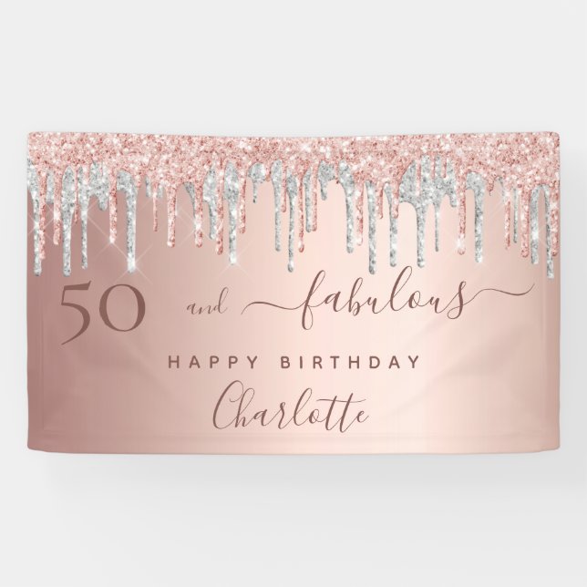 Fabulous birthday rose gold glitter pink silver banner (Horizontal)