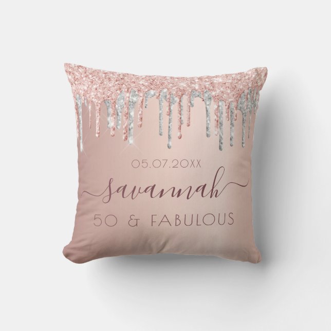 Fabulous birthday rose gold pink silver cushion (Front)