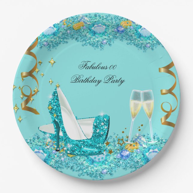 Fabulous Birthday Teal Blue Heels Champagne PL Paper Plate (Front)