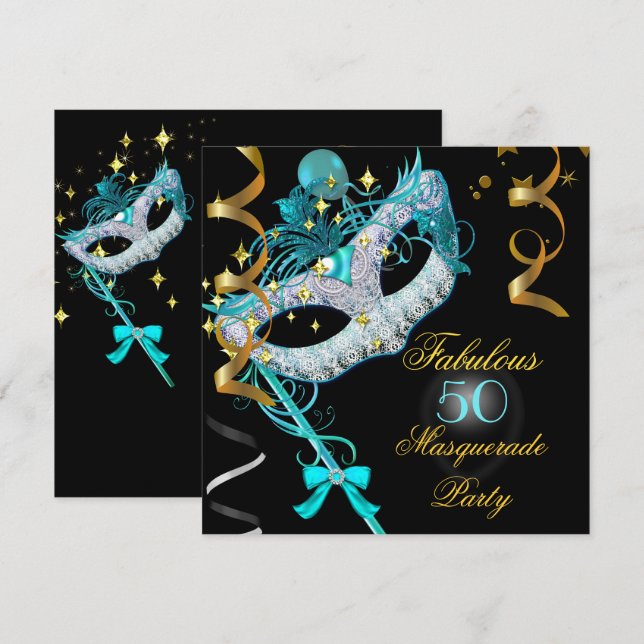 Fabulous Birthday Teal Gold Black Masquerade Party Invitation (Front/Back)
