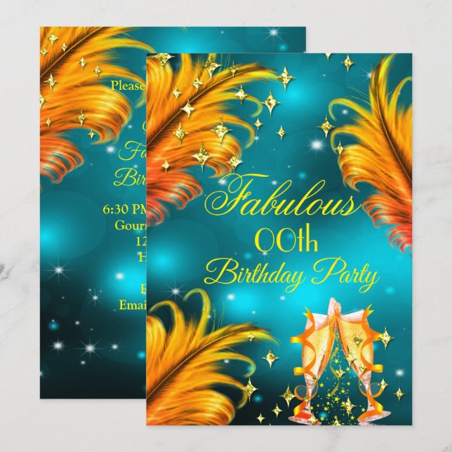 Fabulous Birthday teal Gold Yellow Champagne Party Invitation (Front/Back)