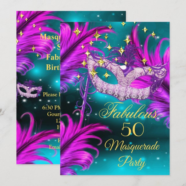 Fabulous Birthday teal Purple pink Masquerade mask Invitation (Front/Back)