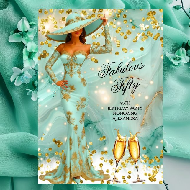 Fabulous Birthday Teal White Gold Woman Champagne Invitation (Creator Uploaded)