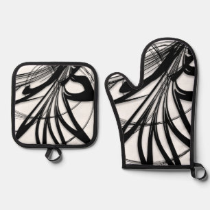 Fabulous Black and White Fern Design Oven Mitt & Pot Holder Set