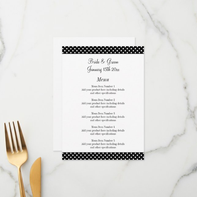 Fabulous black and white polka dots wedding menu (Front/Back In Situ)