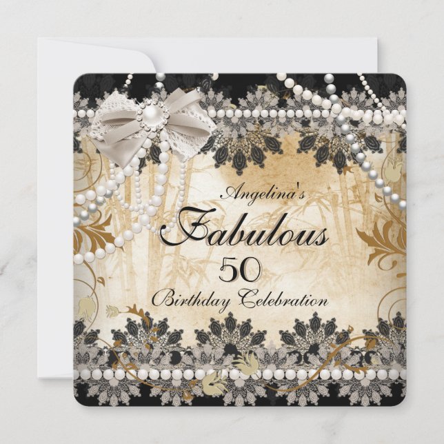 Fabulous Black Cream Beige Lace Asian Floral Party Invitation (Front)