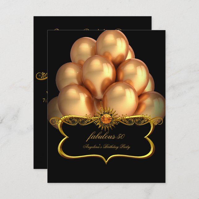Fabulous Black Gold Balloons Birthday Party Invitation (Front/Back)