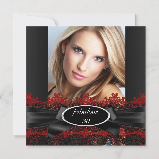 Fabulous Black Red Lace Photo Birthday Party 2 Invitation (Front)