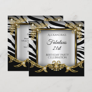 Fabulous Black White Zebra Gold 21st Birthday Invitation