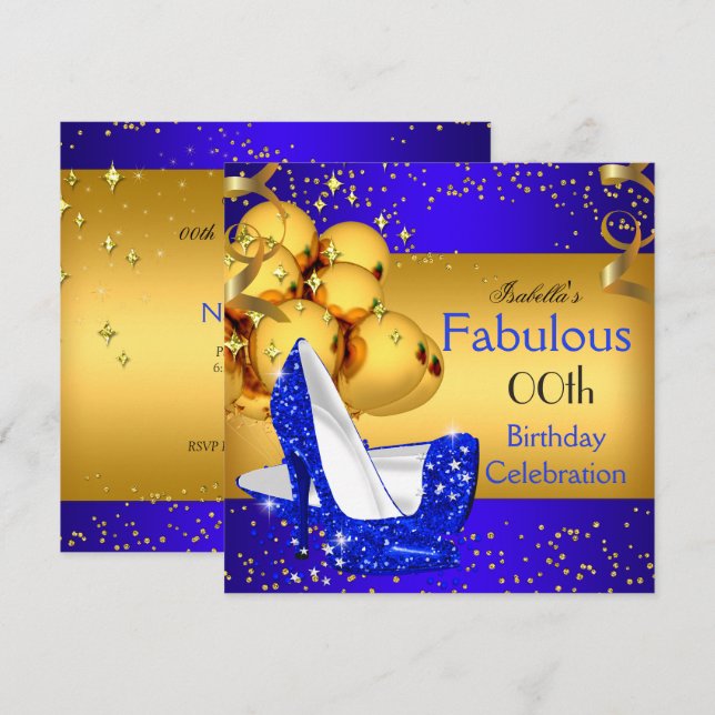 Fabulous Blue High Heels Gold Birthday Party 2 Invitation (Front/Back)