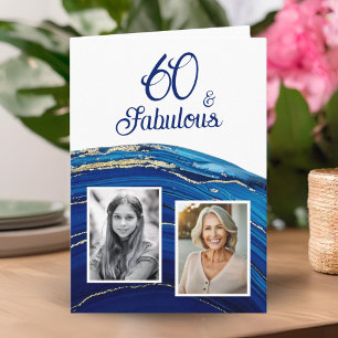 Fabulous Blue Marble Glitter 2 Photo Birthday Card