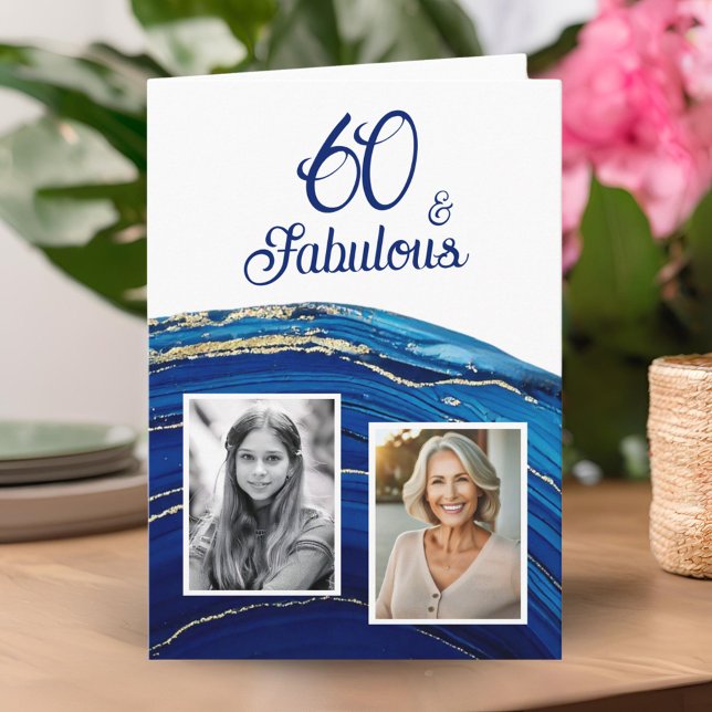 Fabulous Blue Marble Glitter 2 Photo Birthday Card (Creator Uploaded)