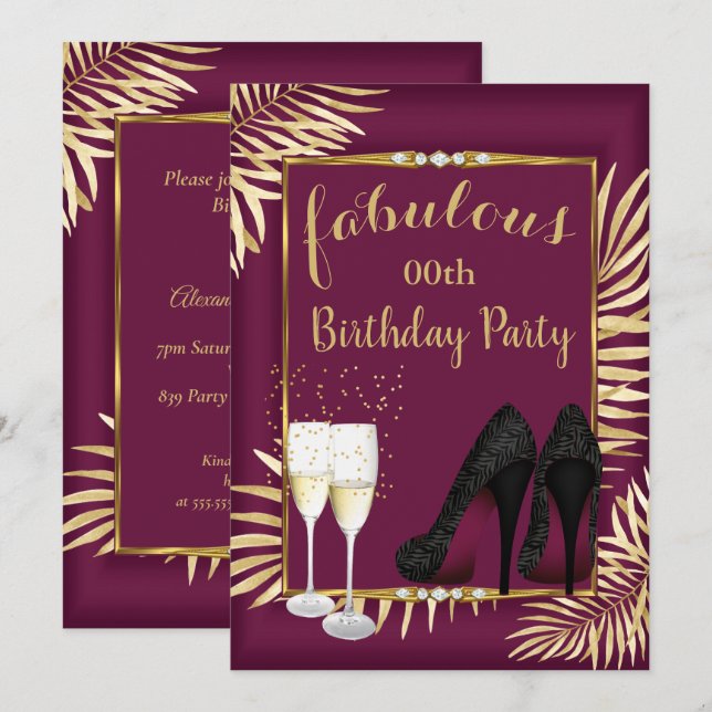 Fabulous Burgundy Gold Palms zebra Champagne Party Invitation (Front/Back)