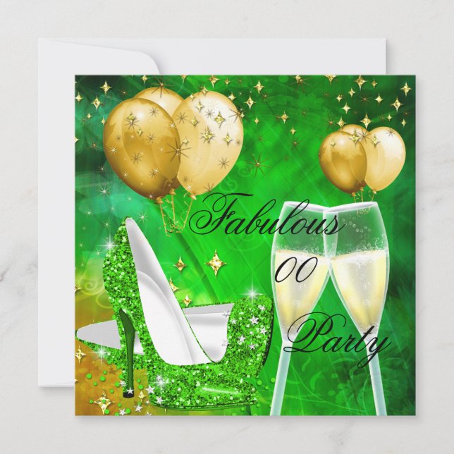 Fabulous Champagne Birthday heels Green Gold Invitation (Front)