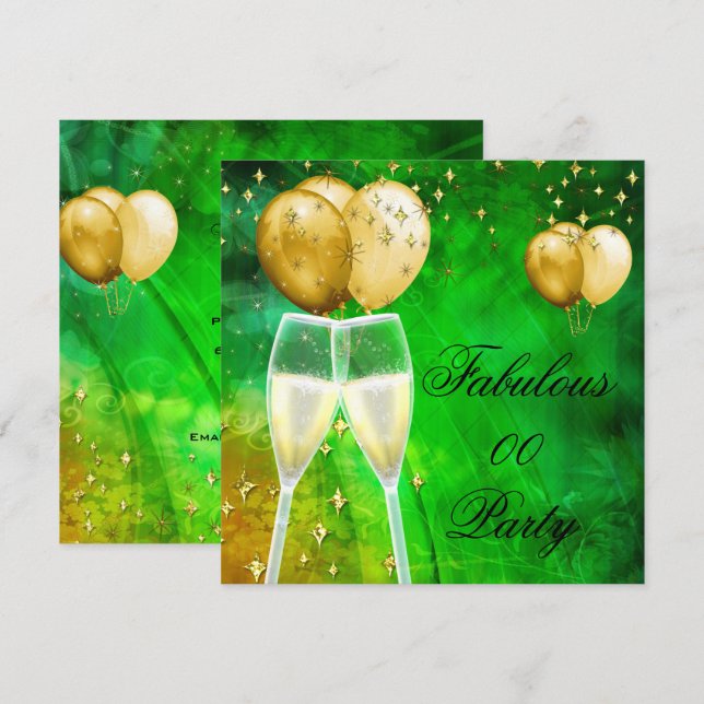 Fabulous Champagne Birthday Party Green Gold Invitation (Front/Back)