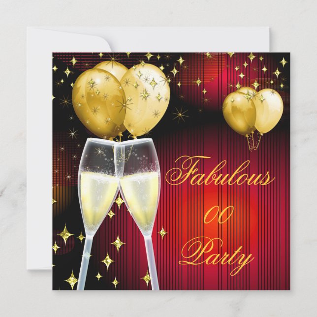 Fabulous Champagne Birthday Party Red Gold Invitation (Front)