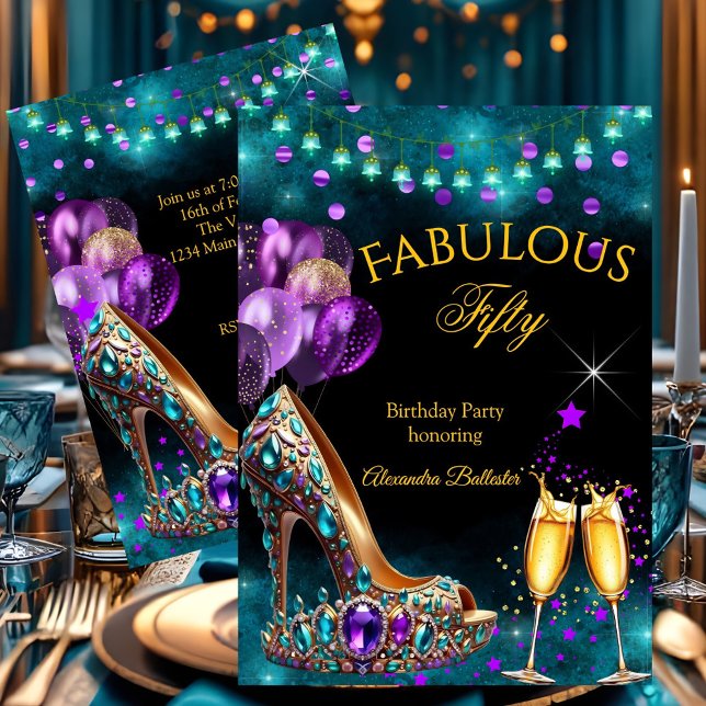 Fabulous Champagne birthday Purple Teal Gold Heel Invitation (Creator Uploaded)