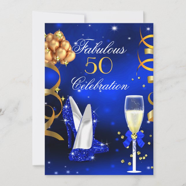 Fabulous Champagne Party Royal Blue Heels Gold Invitation (Front)