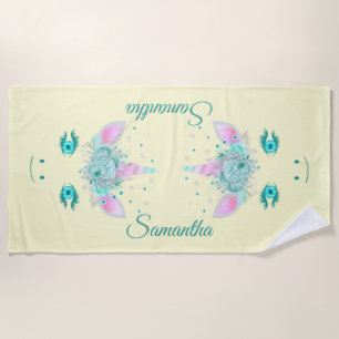 Fabulous Cute Unicorn Flowers Face 1 Beach Towel