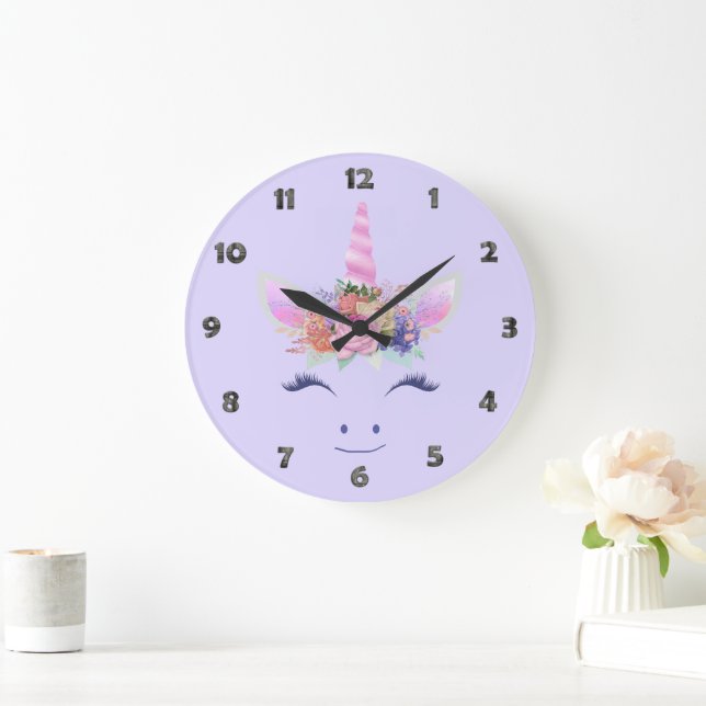 Fabulous Cute Unicorn Flowers Face 2 Large Clock (Home)
