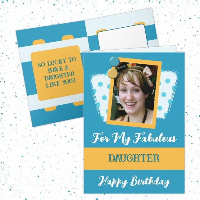 Fabulous daughter photo name blue yellow birthday card (Creator Uploaded)