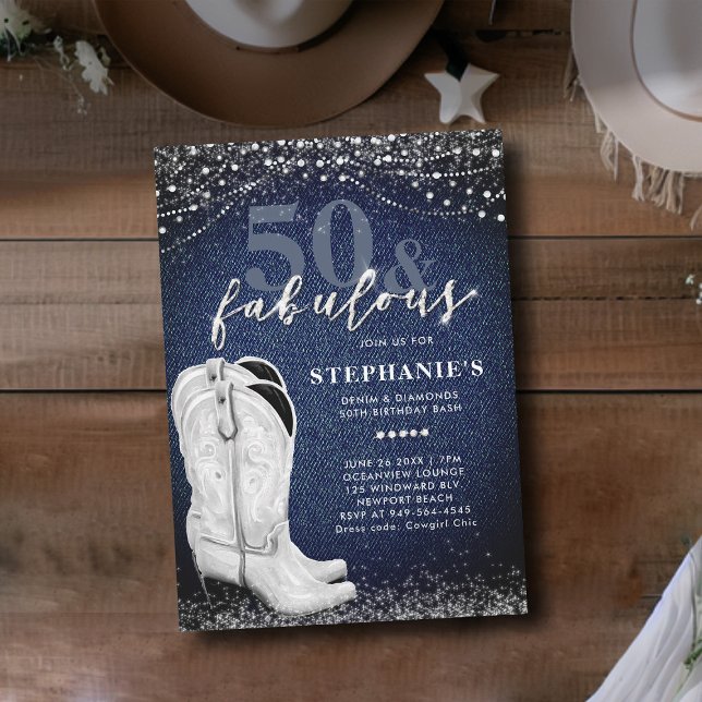 Fabulous Denim Diamonds Boot Country 50th Birthday Invitation (50th birthday invitation women denim diamonds cowgirl boots country elegant classy chic bling glitz )