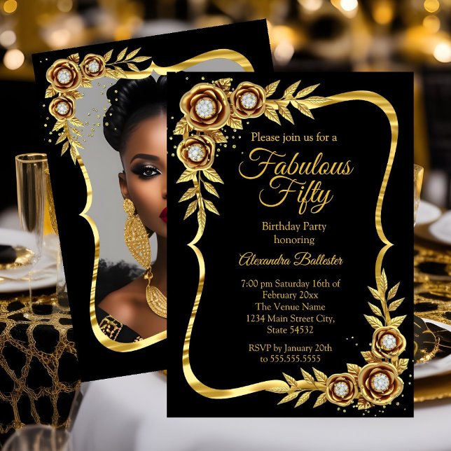 Fabulous Elegant Birthday Photo Gold Black Diamond Invitation (Creator Uploaded)