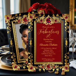 Fabulous Elegant Birthday Photo Red Gold Black Gem Invitation