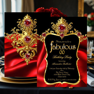 Fabulous Elegant Birthday Red Silk Gold Gems Invitation