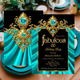 Fabulous Elegant Birthday Teal Blue Silk Gold Gems Invitation