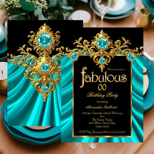 Fabulous Elegant Birthday Teal Blue Silk Gold Gems Invitation