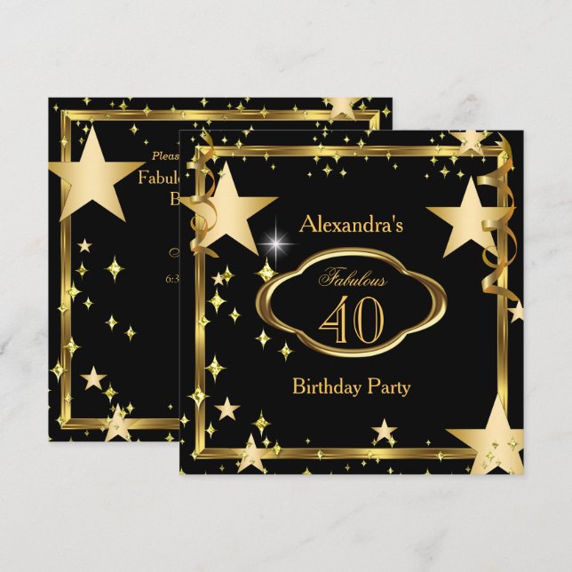 Fabulous Elegant Black Gold Stars Birthday Party Invitation (Front/Back)